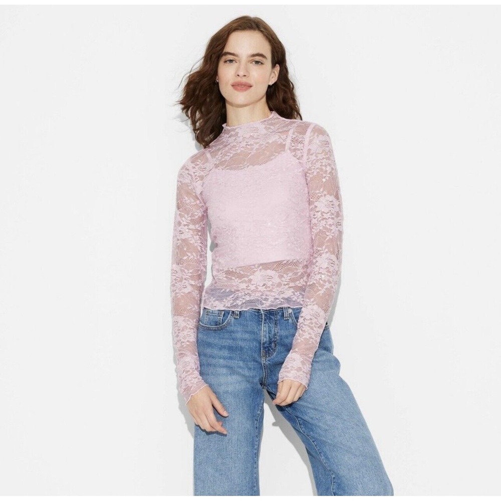 WILD FABLE Womens Girls Long Sleeve Lace Sequin Top Blouse Light Pink Size S NWT